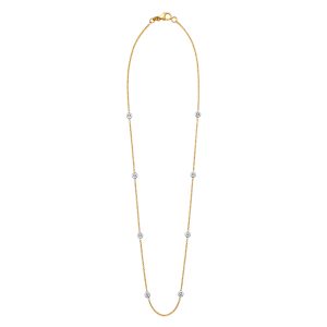 18KT DIAMOND-BY-THE-YARD 2 POINTERS 8 BEZELS YELLOW 1.3MM CABLE CHAIN WHITE BEZELS  0.16CTTW DIAMONDS