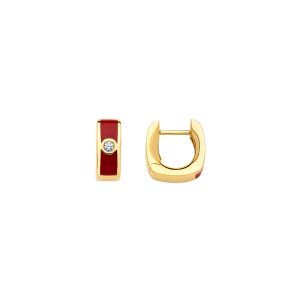 18KT YELLOW GOLD 4.8MM HOOP EARRING RED ENAMEL 0.06CTTW DIAMOND